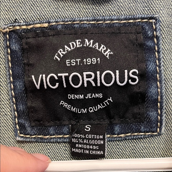 Victorious Blue Denim Vest with Removable Gray Hood - Picture 2 of 10